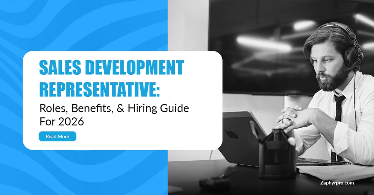 Sales Development Representative working on laptop with SDR roles and hiring guide for 2026
