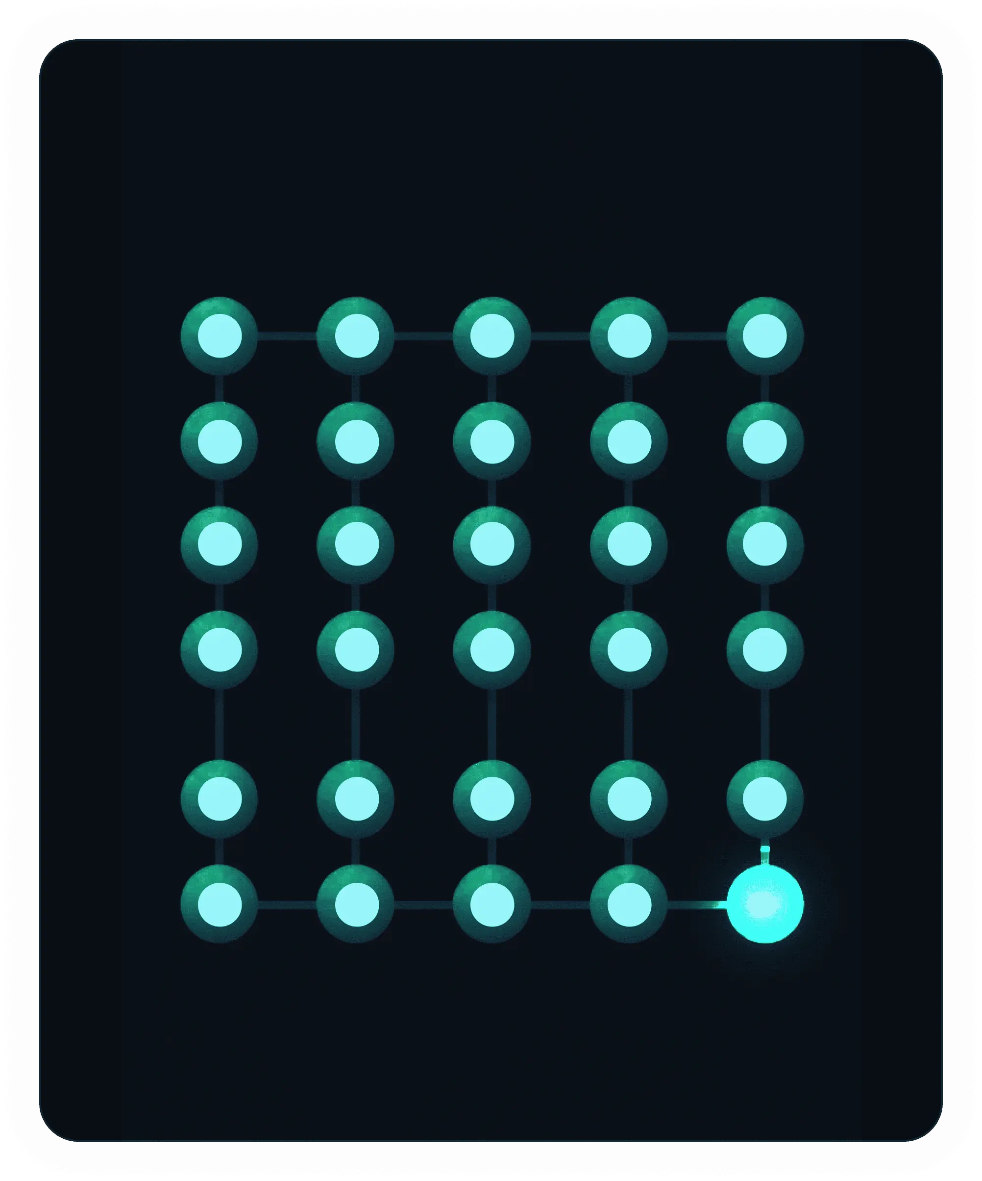 Grid of connected nodes with one highlighted endpoint representing scalable systems or pipelines