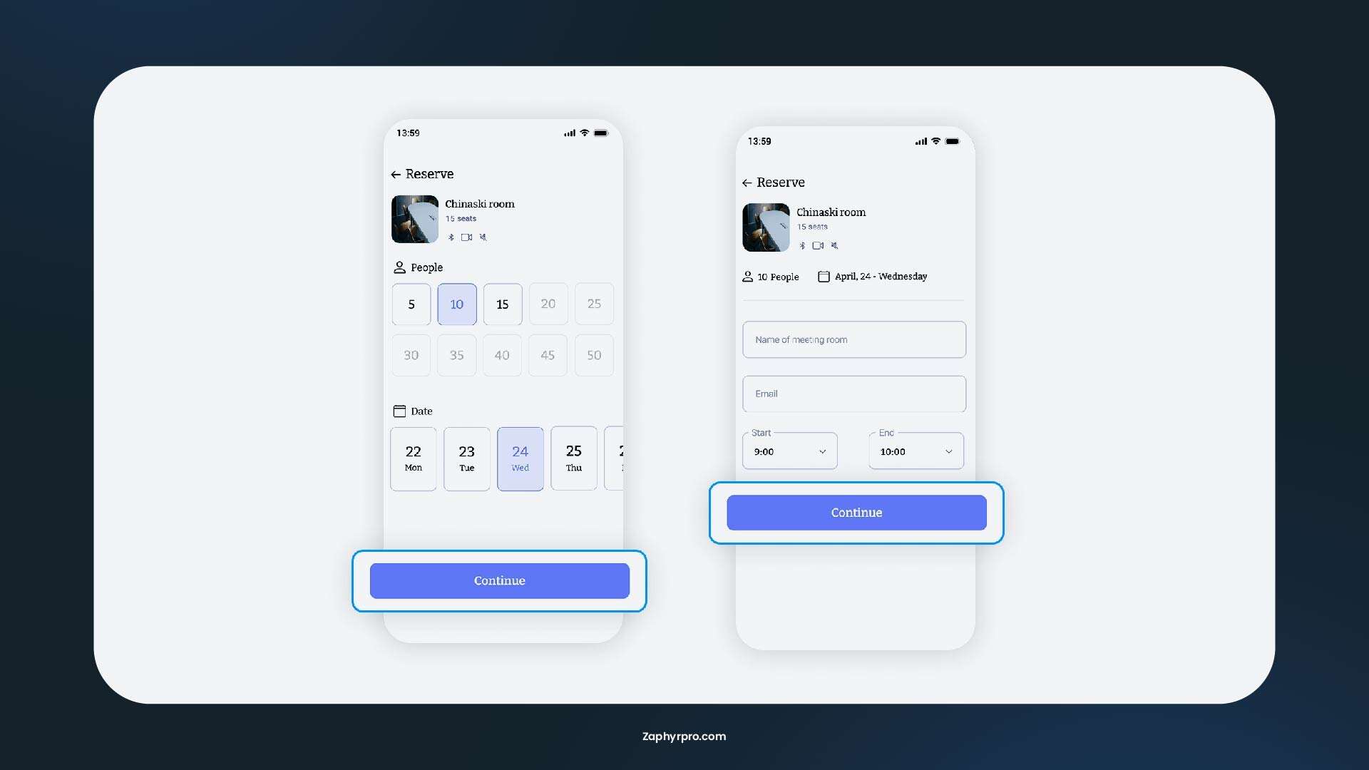 Mobile user interface example for a room booking system, showing a date picker, seat selection, and a "Continue" button.