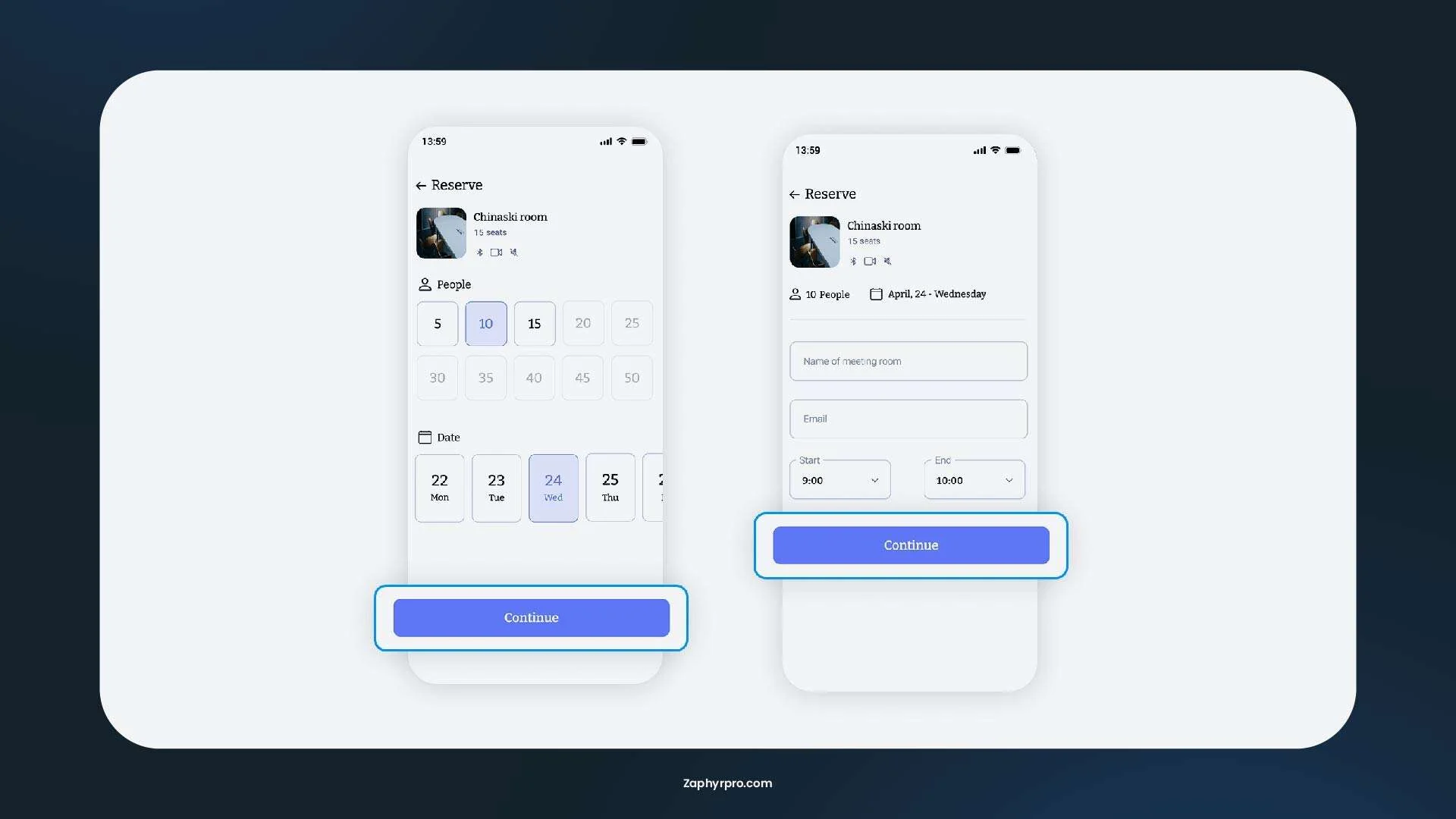 Mobile user interface example for a room booking system, showing a date picker, seat selection, and a "Continue" button.