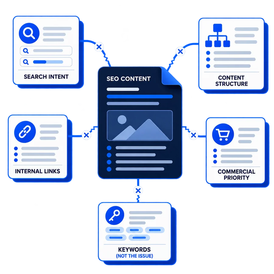 Diagram of SEO content connecting search intent, content structure, internal links, keywords, and commercial priority