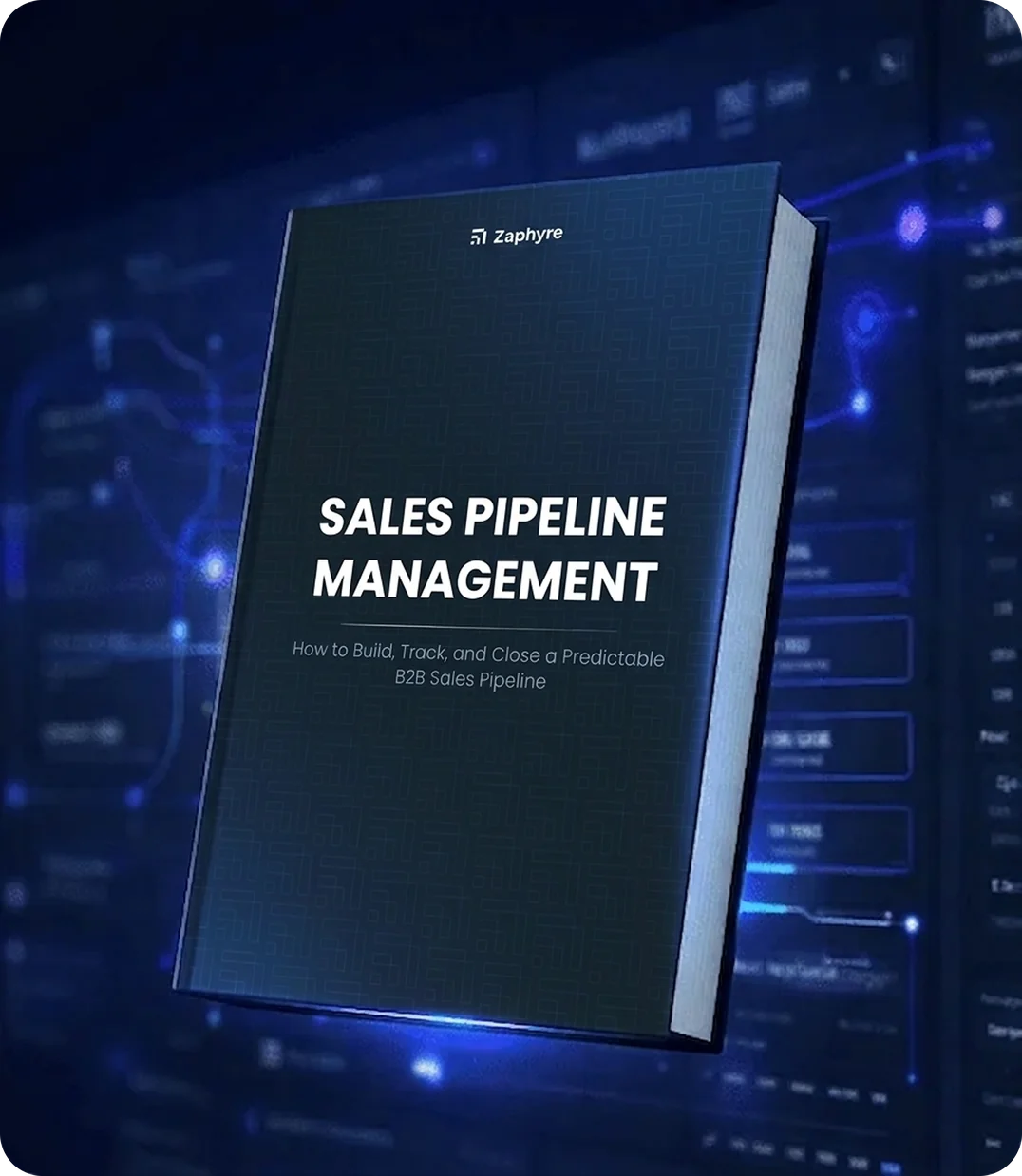 3D mockup of the Zaphyre Sales Pipeline Management playbook against a blue sales dashboard background