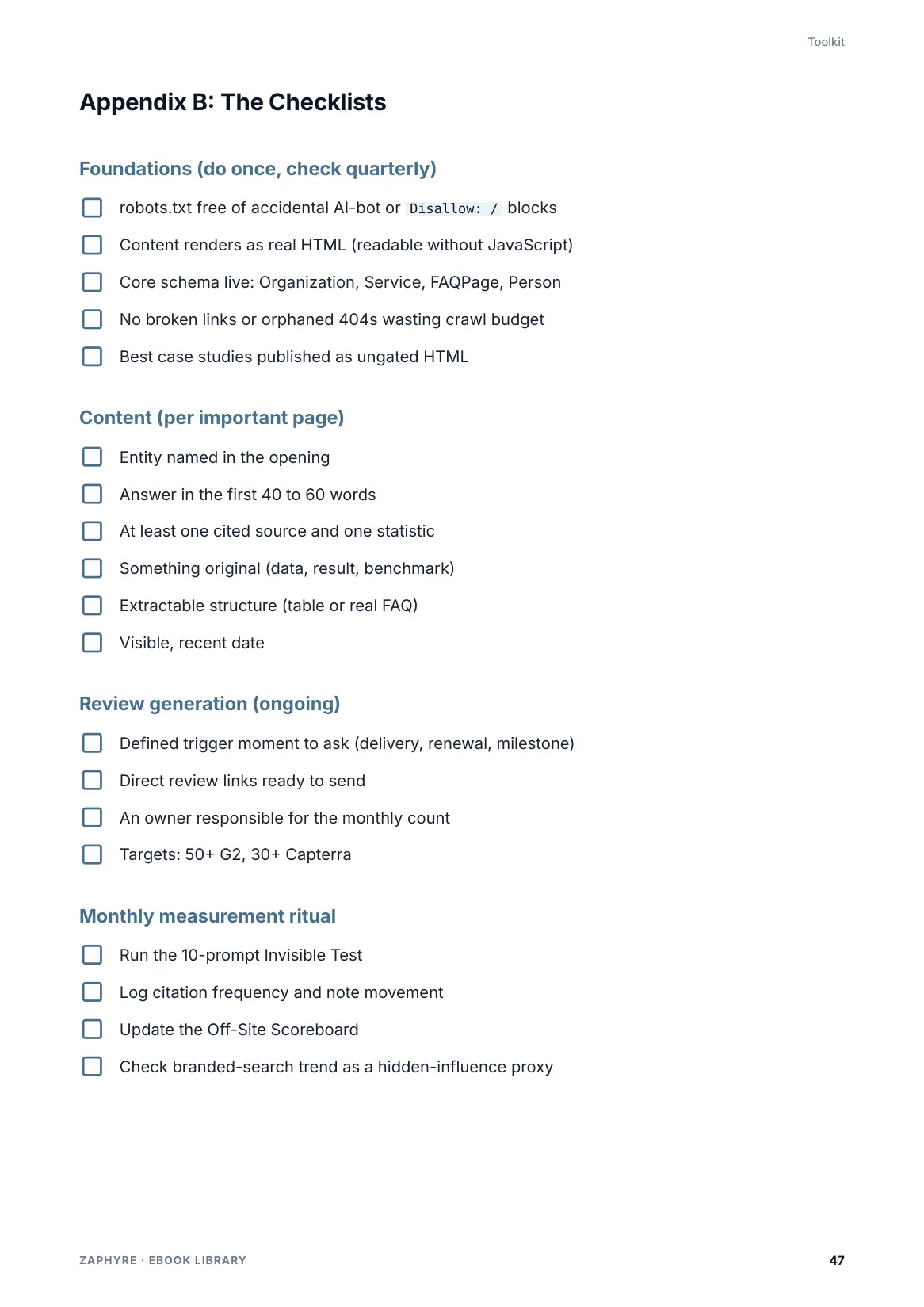 Page 47 of The B2B AI Search Playbook: Appendix B: The Checklists